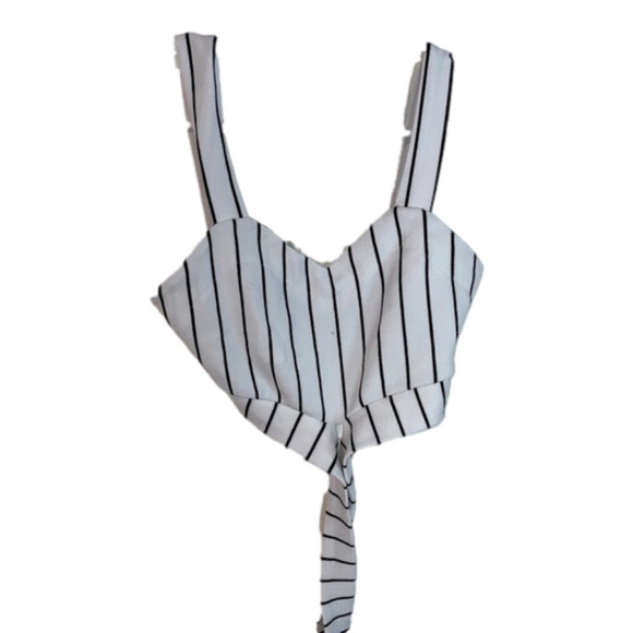 White cropped tank top with black stripes. strap at bottom crosses around waist - Picture 1 of 2